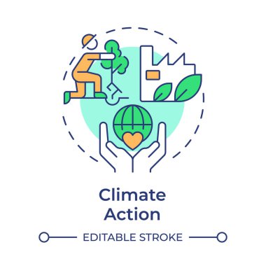 İklim Eylemi çok renkli konsept simgesi. Yeşil üretim, ormancılık. Ekoloji korunumu. Yuvarlak şekil çizimi. Soyut bir fikir. Grafik tasarımı. Bilgide ve sunumda kullanması kolay