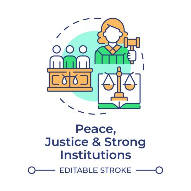 Barış, adalet ve güçlü kurumlar çok renkli konsept ikonu. Mahkeme yasası. Yuvarlak şekil çizimi. Soyut bir fikir. Grafik tasarımı. Bilgide ve sunumda kullanması kolay