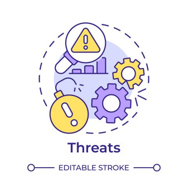 Çok renkli konsept simgesini tehdit eder. Potansiyel ticari hasar. İş planlamada SWOT analizi. Yuvarlak şekil çizimi. Soyut bir fikir. Grafik tasarımı. Broşürde kullanması kolay