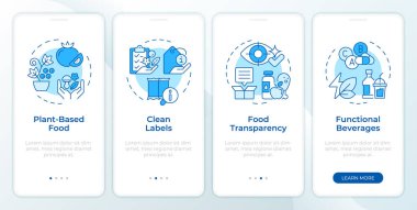 Gıda endüstrisi mavi seyyar uygulama ekranında. Doğrusal kavramlarla düzenlenebilir grafik yönergelerini dört adımda gözden geçir. UI, UX, GUI şablonu. Montserrat Yarı Kalın, Düzenli yazı tipleri