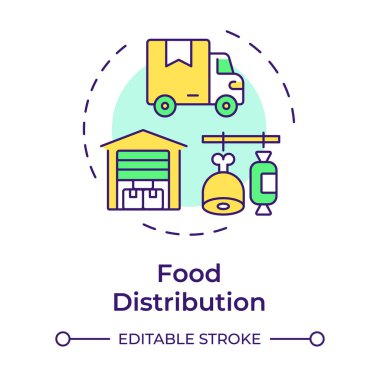Gıda dağıtımı çok renkli konsept simgesi. Depo, nakliye kamyonu. Yuvarlak şekil çizimi. Soyut bir fikir. Grafik tasarımı. Bilgide ve sunumda kullanması kolay