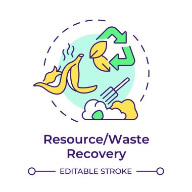 Kaynak ve atık toplama çok renkli konsept simgesi. Kirlilik geri dönüşümü, yeniden kullanım. Ekoloji korunumu. Yuvarlak şekil çizimi. Soyut bir fikir. Grafik tasarımı. Bilgide kullanması kolay