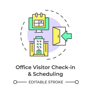 Ofis ziyaretçisi, çok renkli konsept simgesi için kayıt yaptırıyor. Erişim yazılımı, teknoloji. Yuvarlak şekil çizimi. Soyut bir fikir. Grafik tasarımı. Bilgide kullanması kolay