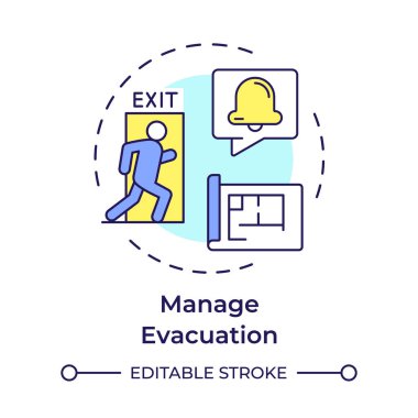 Boşaltma çok renkli konsept simgesini yönet. Acil durum çıkışı, bina planı. Güvenlik, güvenlik. Yuvarlak şekil çizimi. Soyut bir fikir. Grafik tasarımı. Bilgide kullanması kolay