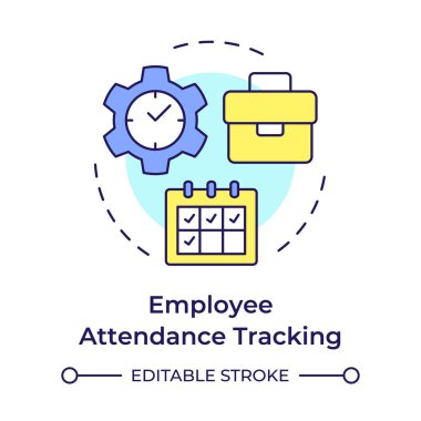Çalışan yoklama çok renkli konsept simgesini takip ediyor. İş izleme, organizasyon. Yuvarlak şekil çizimi. Soyut bir fikir. Grafik tasarımı. Bilgide ve sunumda kullanması kolay