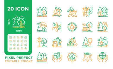 Tree services two color line icons set. Forestry and logging. Tree care. Forest management. Nature conservation. Bicolor outline iconset isolated. Duotone pictograms thin linear. Editable stroke clipart