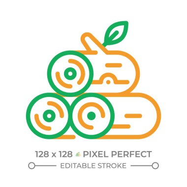 İki renkli çizgi simgesi kaydediliyor. Ağaç kesimi. Kereste. Orman yönetimi. Ahşap hasatı, işlem. Çift renkli ana hat sembolü. Duotone lineer piktogram. İzole bir illüstrasyon. Düzenlenebilir vuruş