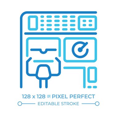 Uçak kokpiti iki renkli çizgi ikonu. Kontrol paneli, torpido gözünde. Navigasyon teknolojisi. Uçak kontrolü. Çift renkli ana hat sembolü. Duotone lineer piktogram. İzole bir illüstrasyon. Düzenlenebilir vuruş