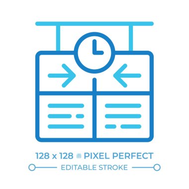 Zaman çizelgesi iki renk çizgisi simgesi. Tahtayı saate göre ayarla. Uçuş çizelgeleri, gidiş ve gidiş. Çift renkli ana hat sembolü. Duotone lineer piktogram. İzole bir illüstrasyon. Düzenlenebilir vuruş