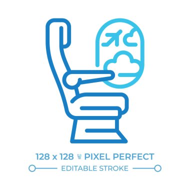 Uçak yolcu koltuğu iki renkli çizgi simgesi. Uçuş konforu. Oturma düzeni. Seyahat tecrübesi. Çift renkli ana hat sembolü. Duotone lineer piktogram. İzole bir illüstrasyon. Düzenlenebilir vuruş