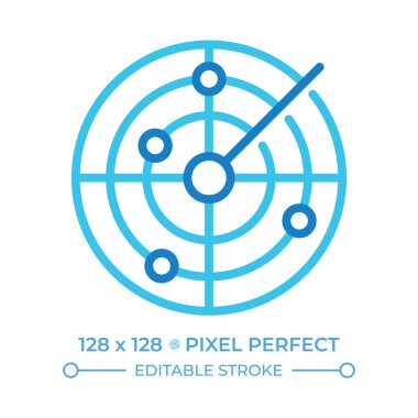 Radar iki renkli çizgi simgesi. Tespit edilmeyi, takibi temsil ediyor. Tarama teknolojisi. Havacılıkta yön bulma. Çift renkli ana hat sembolü. Duotone lineer piktogram. İzole bir illüstrasyon. Düzenlenebilir vuruş