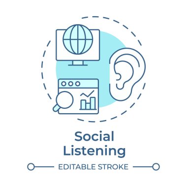 Sosyal dinleme yumuşak mavi konsept ikonu. İstatistiksel ölçümler, internet analizleri. Yuvarlak şekil çizimi. Soyut bir fikir. Grafik tasarımı. Bilgide ve sunumda kullanması kolay