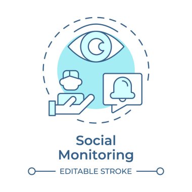 Yumuşak mavi konsept ikonu sosyal izleme. İzleme sistemi, bilgilendirme. Pazarlama araştırması. Yuvarlak şekil çizimi. Soyut bir fikir. Grafik tasarımı. Bilgide kullanması kolay