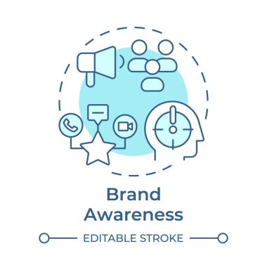 Marka farkındalığı, yumuşak mavi konsept ikonu. İletişim tipleri. Pazarlama, terfi. Yuvarlak şekil çizimi. Soyut bir fikir. Grafik tasarımı. Bilgide ve sunumda kullanması kolay