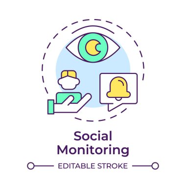 Sosyal izleme çok renkli konsept simgesi. İzleme sistemi, bilgilendirme. Pazarlama araştırması. Yuvarlak şekil çizimi. Soyut bir fikir. Grafik tasarımı. Bilgide kullanması kolay