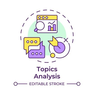 Konu analizi çok renkli konsept simgesi. Çevrimiçi iletişim, istatistik. Hedef kitle. Yuvarlak şekil çizimi. Soyut bir fikir. Grafik tasarımı. Bilgide ve sunumda kullanması kolay