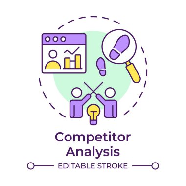 Rekabetçi analiz çok renkli konsept simgesi. Zekice bir araştırma. İş, istatistik. Yuvarlak şekil çizimi. Soyut bir fikir. Grafik tasarımı. Bilgide ve sunumda kullanması kolay