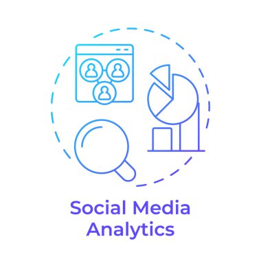 Sosyal medya analizi mavi gradyan konsept simgesi. İstatistiksel ölçüler. Pazarlama araştırması, hedef kitlesi. Yuvarlak şekil çizimi. Soyut bir fikir. Grafik tasarımı. Bilgide kullanması kolay