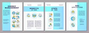 Enerji yönetimi broşürü. Kontrol sistemleri, istatistiksel ölçüler. İzleme, izleme. Çizgisel simgeli broşür tasarımı. Düzenlenebilir 4 vektör düzeni. Arial-Black, Kullanılan Myriad Pro-Normal yazı tipleri