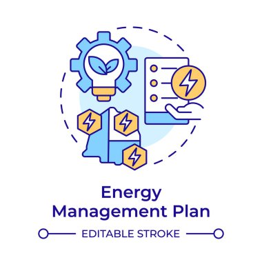 Enerji yönetimi planı çok renkli konsept simgesi. Yeşil güç, elektrik. Strateji, organizasyon. Yuvarlak şekil çizimi. Soyut bir fikir. Grafik tasarımı. Bilgide kullanması kolay