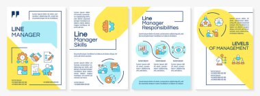 Hat yöneticisi mavi ve sarı broşür. Şirket şirketinde kariyer. İş geliştirme. Çizgisel simgeli broşür tasarımı. Düzenlenebilir 4 vektör düzeni. Questrial, Lato-Düzenli yazı tipleri