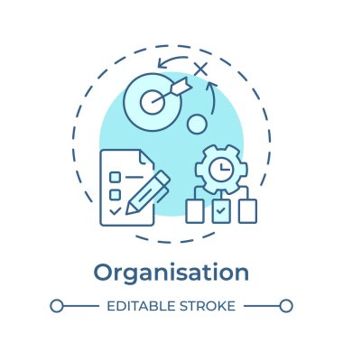Organizasyon yumuşak mavi konsept simgesi. Planlama, öncelik verme ve görevleri koordine etme. Hat yöneticisi becerisi. Yuvarlak şekil çizimi. Soyut bir fikir. Grafik tasarımı. Kitapçıkta kullanması kolay