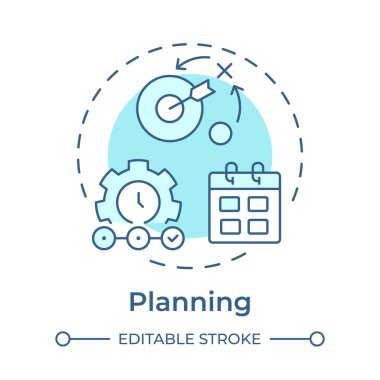 Yumuşak mavi konsept ikonu planlıyorum. Gelişim için kurumsal hedefler belirliyorum. Performans yönetim sistemi. Yuvarlak şekil çizimi. Soyut bir fikir. Grafik tasarımı. Kitapçıkta kullanması kolay