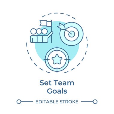 Takım hedeflerini yumuşak mavi konsept simgesine ayarla. Görevleri ve hedefleri planlamak. Hat yöneticisi sorumluluğu. Yuvarlak şekil çizimi. Soyut bir fikir. Grafik tasarımı. Sunumda kullanması kolay