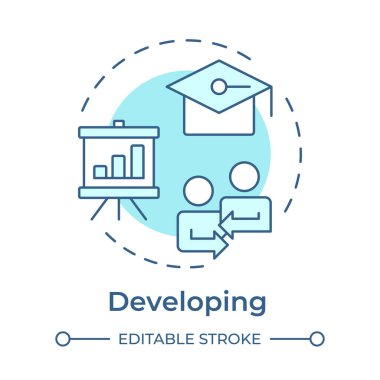 Yumuşak mavi konsept ikonu geliştiriyorum. Çalışanların becerilerini ve yeterliliklerini arttırıyorum. Performans yönetim sistemi. Yuvarlak şekil çizimi. Soyut bir fikir. Grafik tasarımı. Kitapçıkta kullanması kolay