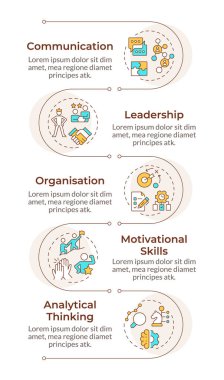 Çizgi yöneticisi becerileri infografik dikey dizi. Profesyonel lider yetenekleri. Şirket işi. 5 adımlı görselleştirme bilgi tablosu. Daireler iş akışı. Montserrat Yarı Kalın, Lato Düzenli yazı tipleri