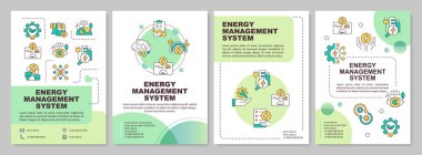 EMS kontrol sistemleri yeşil daire broşürü. Güç yönetimi, elektriklendirme. Çizgisel simgeli broşür tasarımı. Düzenlenebilir 4 vektör düzeni. Kullanılan Arial-Kalın, Myriad Pro-Normal yazı tipleri