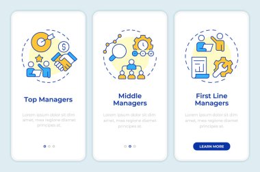 Mobil uygulama ekranında yönetim seviyeleri. İş için. Doğrusal kavramlarla birlikte düzenlenebilir grafik yönergelerini gezdir. UI, UX, GUI şablonu. Montserrat Yarı Kalın, Düzenli yazı tipleri