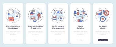 Hat yöneticisi sorumlulukları mobil uygulama ekranında. Doğrusal kavramlarla düzenlenebilir grafik yönergelerini 5 adımda gezdir. UI, UX, GUI şablonu. Montserrat Yarı Kalın, Düzenli yazı tipleri