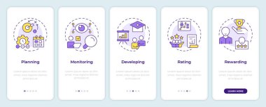 Mobil uygulama ekranında performans yönetim sistemi. Doğrusal kavramlarla düzenlenebilir grafik yönergelerini 5 adımda gezdir. UI, UX, GUI şablonu. Montserrat Yarı Kalın, Düzenli yazı tipleri