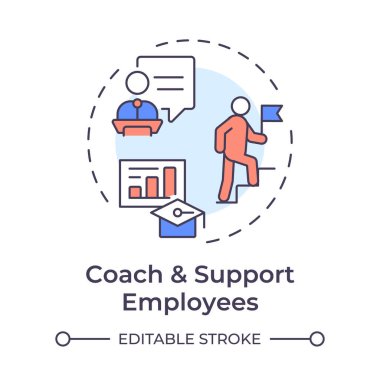 Koç ve destek çalışanları çok renkli konsept ikonu. Ekip üyelerinin başarılı olmasına yardım etmek. Hat yöneticisinin sorumlulukları. Yuvarlak şekil çizimi. Soyut bir fikir. Grafik tasarımı. Kitapçıkta kullanması kolay