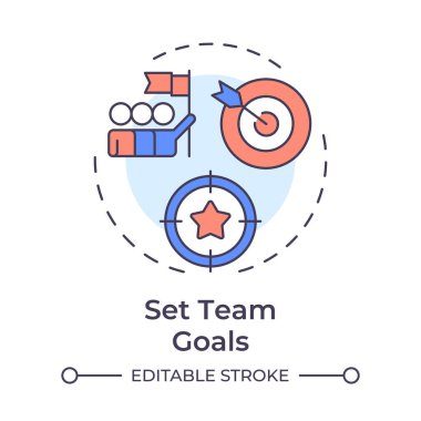Takım hedeflerini çok renkli konsept simgesi olarak belirle. Görevleri ve hedefleri planlamak. Hat yöneticisi sorumluluğu. Yuvarlak şekil çizimi. Soyut bir fikir. Grafik tasarımı. Sunumda kullanması kolay