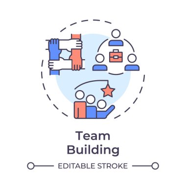 Takım oluşturma çok renkli konsept simgesi. Güçlü iş ilişkilerini teşvik etmek. Hat yöneticisi sorumluluğu. Yuvarlak şekil çizimi. Soyut bir fikir. Grafik tasarımı. Kitapçıkta kullanması kolay