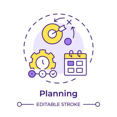 Çok renkli konsept simgesi planlanıyor. Gelişim için kurumsal hedefler belirliyorum. Performans yönetim sistemi. Yuvarlak şekil çizimi. Soyut bir fikir. Grafik tasarımı. Kitapçıkta kullanması kolay