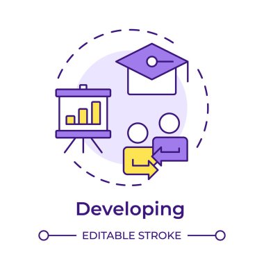 Çok renkli konsept simgesi geliştiriliyor. Çalışanların becerilerini ve yeterliliklerini arttırıyorum. Performans yönetim sistemi. Yuvarlak şekil çizimi. Soyut bir fikir. Grafik tasarımı. Kitapçıkta kullanması kolay