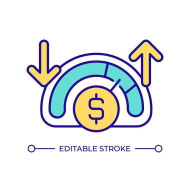 Maliyet ölçer RGB renk simgesi. Para parası, fiyat. Finans, ekonomi. Oku arttır, azalt. Verimlilik, performans. İzole vektör çizimi. Basit bir çizgi çizimi. Düzenlenebilir vuruş