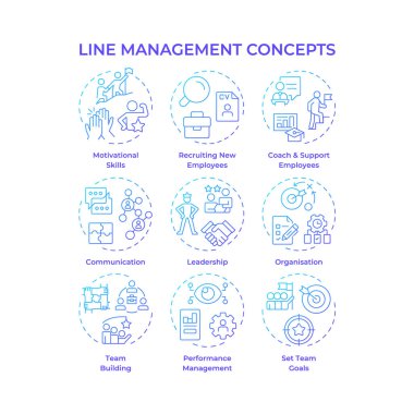 Çizgi yönetimi mavi gradyan konsept simgeleri. Şirket kariyeri. Mal üretimi ve dağıtım çalışanları denetimi. Simge paketi. Vektör görüntüleri. Sunum için yuvarlak şekilli çizimler. Soyut fikir