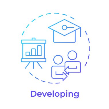 Mavi gradyan konsept simgesi geliştiriliyor. Çalışanların becerilerini ve yeterliliklerini arttırıyorum. Performans yönetim sistemi. Yuvarlak şekil çizimi. Soyut bir fikir. Grafik tasarımı. Kitapçıkta kullanması kolay