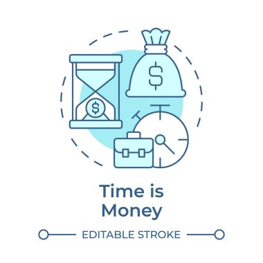Zaman, paranın yumuşak mavi konsept simgesidir. İşletme. Finans, ekonomi. Nakit saat. Yuvarlak şekil çizimi. Soyut bir fikir. Grafik tasarımı. Bilgide ve sunumda kullanması kolay