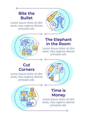 İş akışı organizasyonu, dikey bilgi dizisi. Zaman yönetimi, uyum. 4 adımlı görselleştirme bilgi tablosu. Daireler iş akışı. Montserrat Yarı Kalın, Lato Düzenli yazı tipleri
