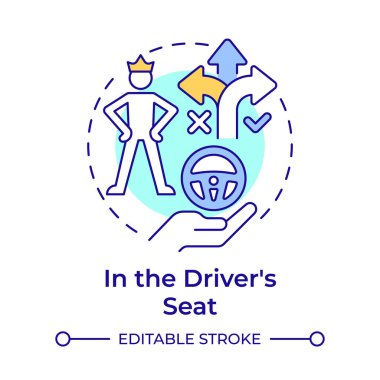 Sürücü koltuğunda çok renkli konsept simgesi var. Yol seçimi, liderlik. Sorumluluk, kontrol. Yuvarlak şekil çizimi. Soyut bir fikir. Grafik tasarımı. Bilgide kullanması kolay