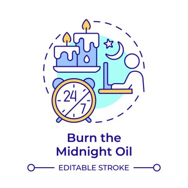 Geceyarısı çok renkli konsept ikonunu yak. Fazla mesai, fazla çalışma. İş akışı yönetimi. Yuvarlak şekil çizimi. Soyut bir fikir. Grafik tasarımı. Bilgide ve sunumda kullanması kolay