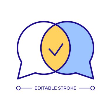 İletişim RGB renk simgesi. Tartışma, sohbet. Sohbet baloncukları, internet. Ağ kurmak, mesajlar. İşaretleme, başarı. İzole vektör çizimi. Basit bir çizgi çizimi. Düzenlenebilir vuruş