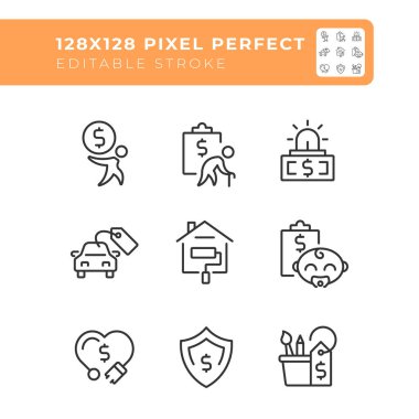 Finansal gider pikseli mükemmel doğrusal simgeler ayarlandı. Bütçe yönetimi. Acil durum fonu organizasyonu. Özelleştirilebilir ince çizgi sembolleri. İzole vektör çizimi çizimleri. Düzenlenebilir vuruş