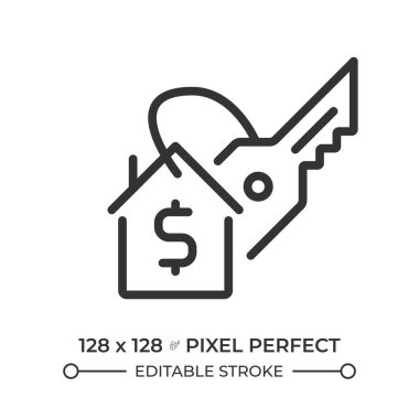 Evde pikselin mükemmel doğrusal simgesini satın almak. Emlak planlaması, ev sahipliği. Ev kredisi, kredi. Kredi, borç. İnce çizgili çizim. Contour sembolü. Vektör çizimi. Düzenlenebilir vuruş