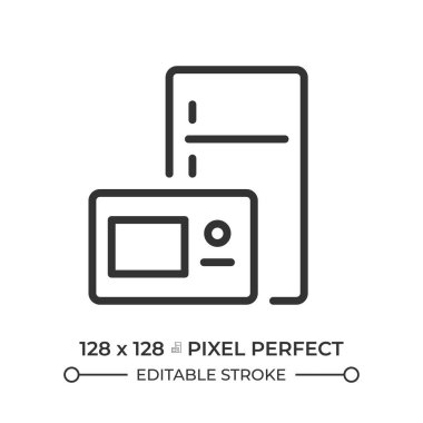 Yükseltilmiş aygıt pikseli mükemmel doğrusal simge. Mutfak tadilatı. Tamir, bakım. Rahatlık, sürdürülebilirlik. İnce çizgili çizim. Contour sembolü. Vektör çizimi. Düzenlenebilir vuruş
